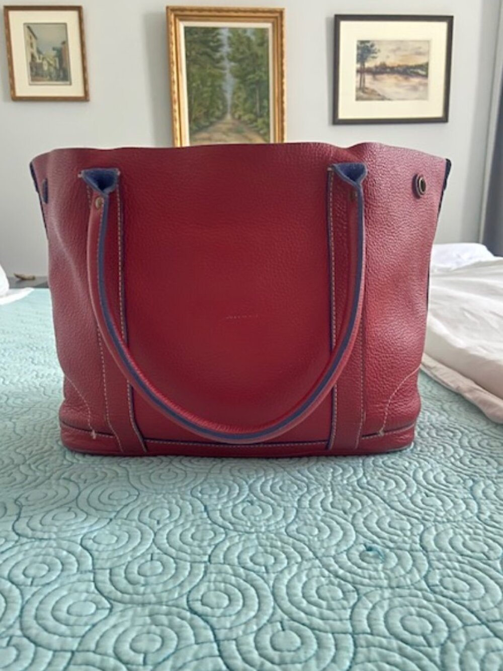 Vintage J. Crew Borge Garveri Red 100% Leather Tote with Dual Top Handles